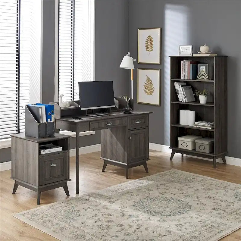 Bureau informatique Chêne doré/Chêne fumé avec rehausse, étagères et hub USB - Usage unique