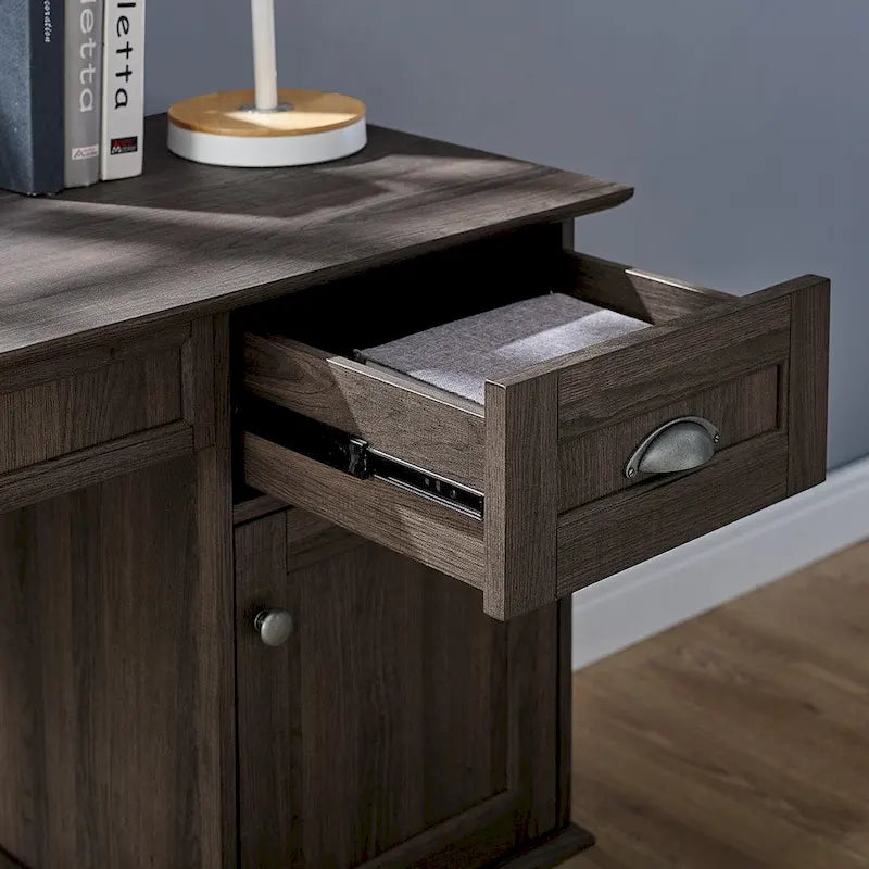 Bureau informatique Chêne doré/Chêne fumé avec rehausse, étagères et hub USB - Usage unique