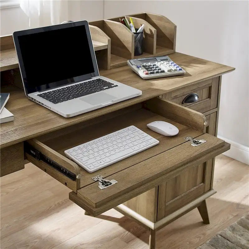 Bureau informatique Chêne doré/Chêne fumé avec rehausse, étagères et hub USB - Usage unique
