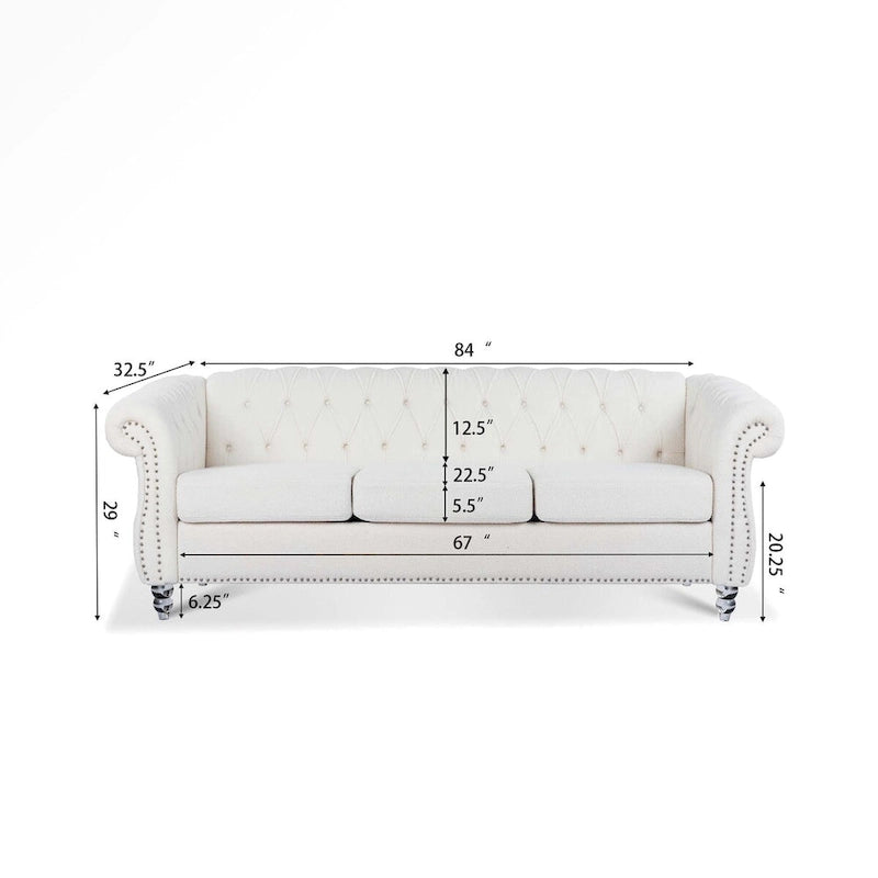 Canapé 3 places blanc de style Chesterfield avec accoudoirs roulés et clous argentés - Convient pour 3 personnes