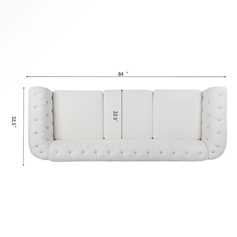 Canapé 3 places blanc de style Chesterfield avec accoudoirs roulés et clous argentés - Convient pour 3 personnes