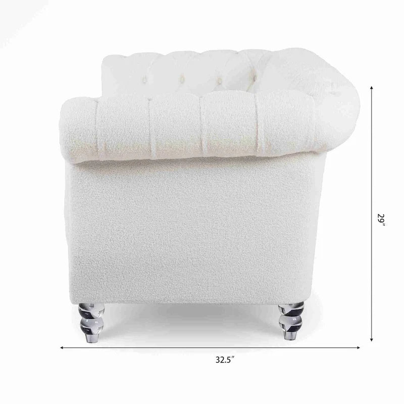 Canapé 3 places blanc de style Chesterfield avec accoudoirs roulés et clous argentés - Convient pour 3 personnes