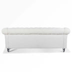 Canapé 3 places blanc de style Chesterfield avec accoudoirs roulés et clous argentés - Convient pour 3 personnes
