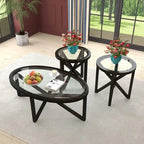 Table basse à plateau en verre trempé rond noir / ovale marron avec base en bois massif en X - Utilisation unique