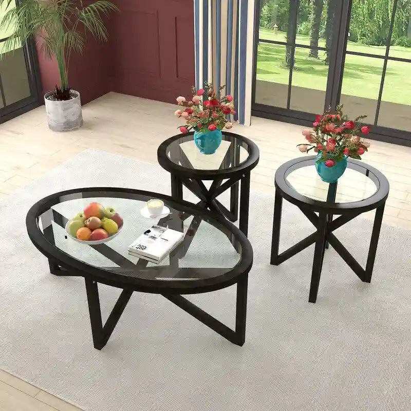 Table basse à plateau en verre trempé rond noir / ovale marron avec base en bois massif en X - Utilisation unique