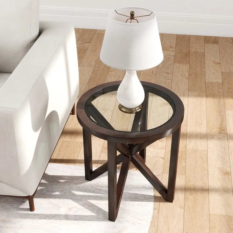 Table basse à plateau en verre trempé rond noir / ovale marron avec base en bois massif en X - Utilisation unique