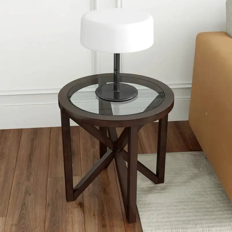 Table basse à plateau en verre trempé rond noir / ovale marron avec base en bois massif en X - Utilisation unique
