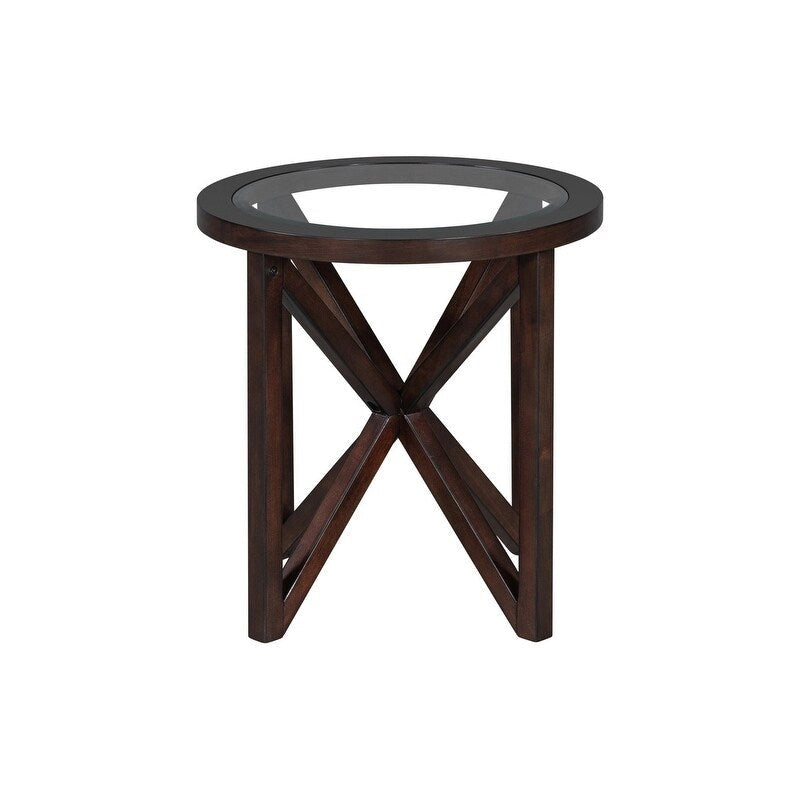 Table basse à plateau en verre trempé rond noir / ovale marron avec base en bois massif en X - Utilisation unique