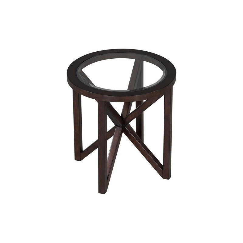 Table basse à plateau en verre trempé rond noir / ovale marron avec base en bois massif en X - Utilisation unique