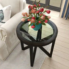 Table basse à plateau en verre trempé rond noir / ovale marron avec base en bois massif en X - Utilisation unique