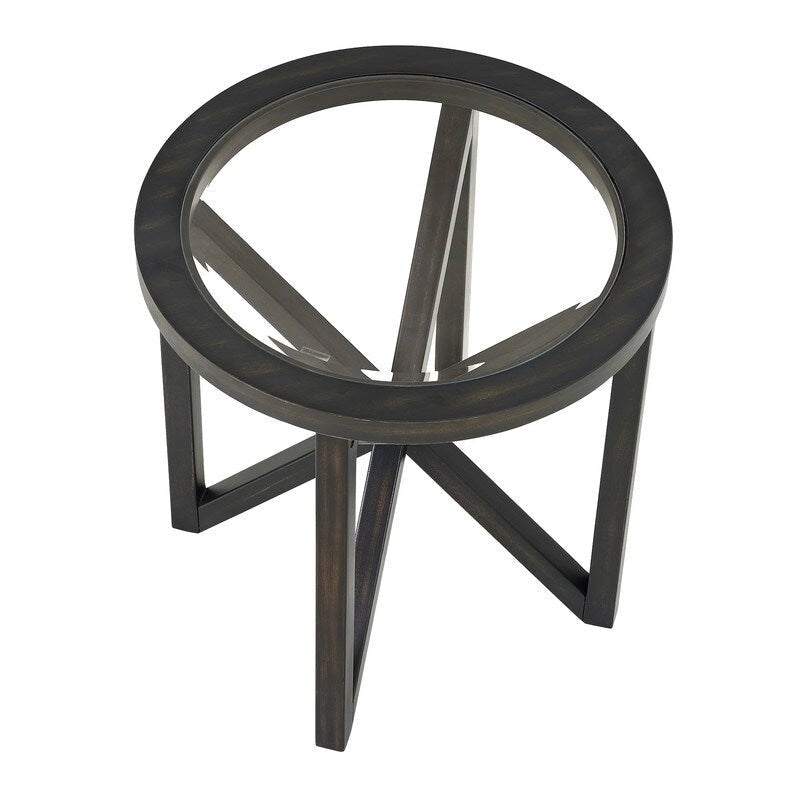 Table basse à plateau en verre trempé rond noir / ovale marron avec base en bois massif en X - Utilisation unique