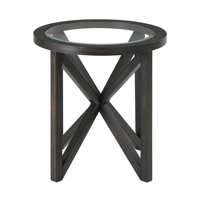 Table basse à plateau en verre trempé rond noir / ovale marron avec base en bois massif en X - Utilisation unique