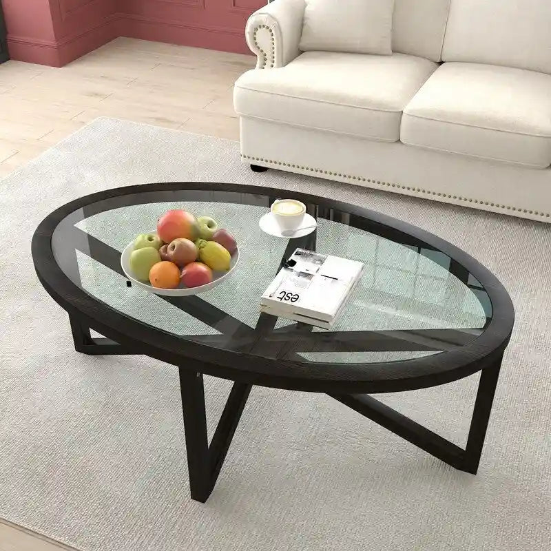 Table basse à plateau en verre trempé rond noir / ovale marron avec base en bois massif en X - Utilisation unique