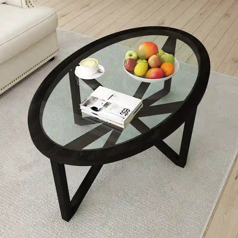 Table basse à plateau en verre trempé rond noir / ovale marron avec base en bois massif en X - Utilisation unique