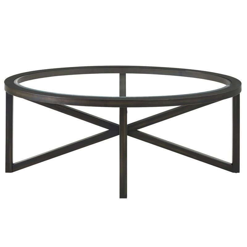 Table basse à plateau en verre trempé rond noir / ovale marron avec base en bois massif en X - Utilisation unique