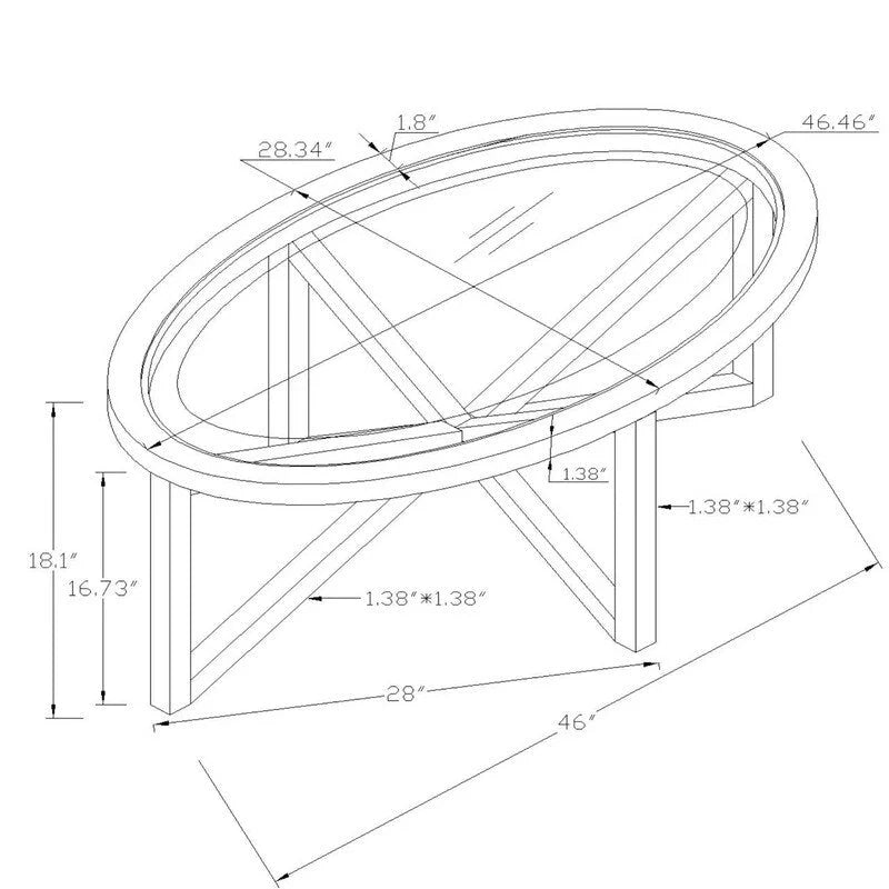 Table basse à plateau en verre trempé rond noir / ovale marron avec base en bois massif en X - Utilisation unique