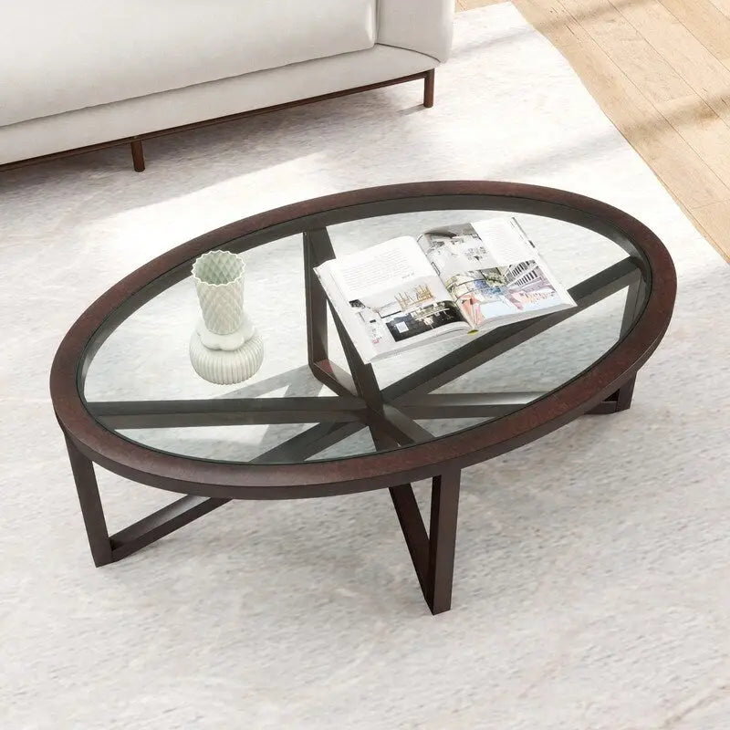 Table basse à plateau en verre trempé rond noir / ovale marron avec base en bois massif en X - Utilisation unique