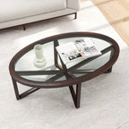 Table basse à plateau en verre trempé rond noir / ovale marron avec base en bois massif en X - Utilisation unique