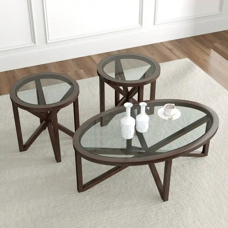Table basse à plateau en verre trempé rond noir / ovale marron avec base en bois massif en X - Utilisation unique