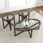 Table basse à plateau en verre trempé rond noir / ovale marron avec base en bois massif en X - Utilisation unique