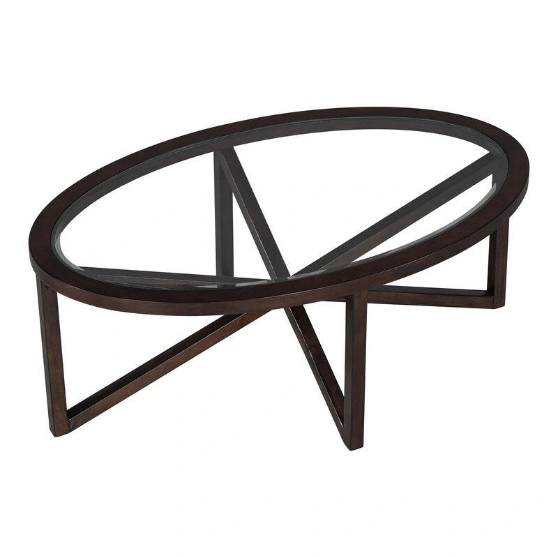Table basse à plateau en verre trempé rond noir / ovale marron avec base en bois massif en X - Utilisation unique