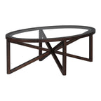 Table basse à plateau en verre trempé rond noir / ovale marron avec base en bois massif en X - Utilisation unique