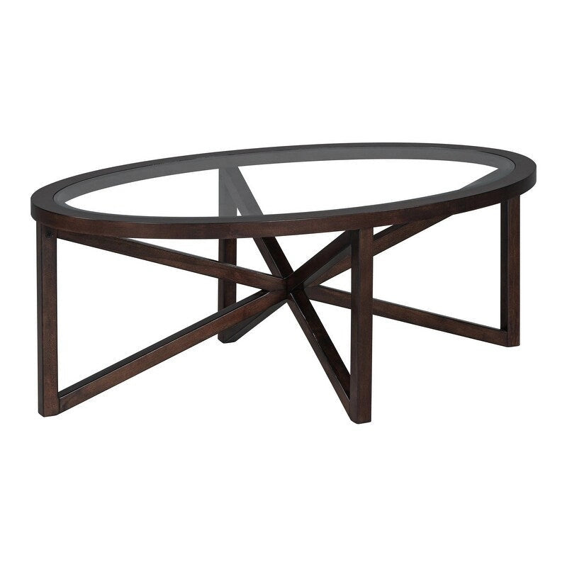 Table basse à plateau en verre trempé rond noir / ovale marron avec base en bois massif en X - Utilisation unique