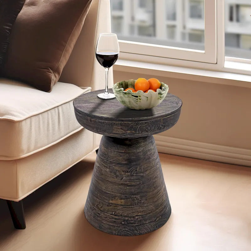 Table d'appoint ronde en bois d'acacia noir / marron / marron naturel / marron foncé / blanc avec base conique
