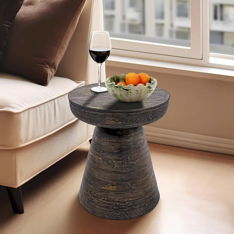 Table d'appoint ronde en bois d'acacia noir / marron / marron naturel / marron foncé / blanc avec base conique