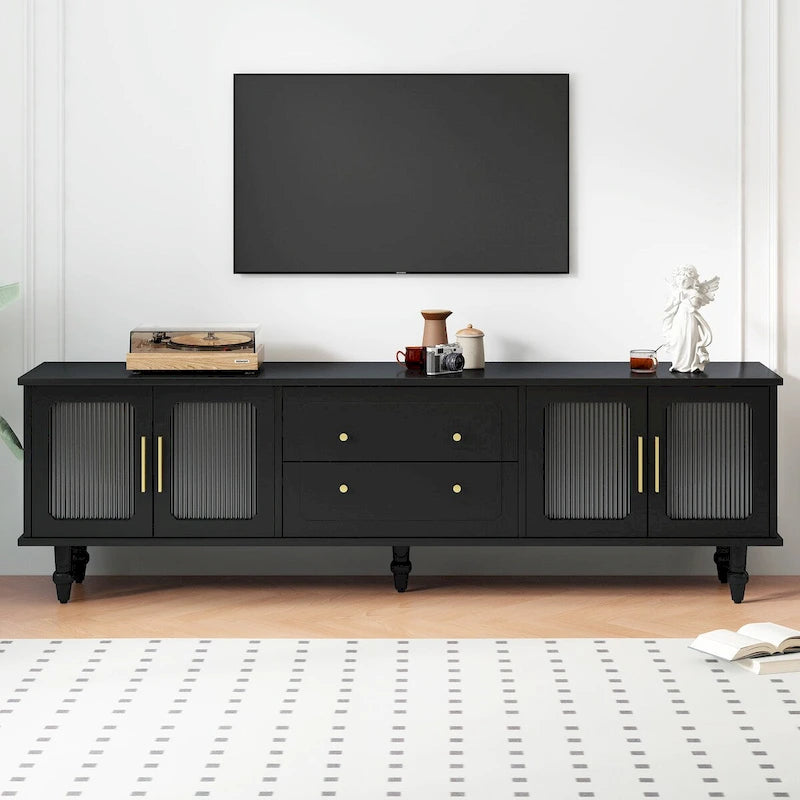 Meuble TV console média noir/blanc avec portes en verre cannelé et pieds en forme de gourde - Usage unique