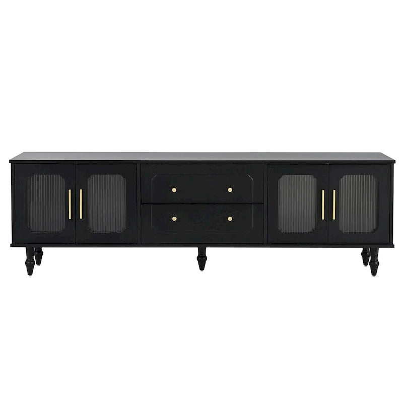 Meuble TV console média noir/blanc avec portes en verre cannelé et pieds en forme de gourde - Usage unique