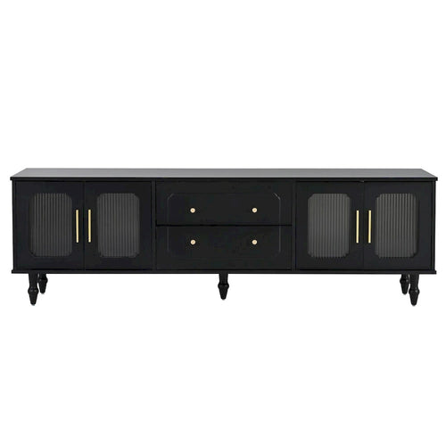 Meuble TV console média noir/blanc avec portes en verre cannelé et pieds en forme de gourde - Usage unique