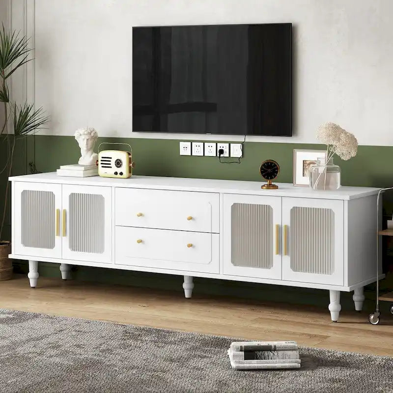 Meuble TV console média noir/blanc avec portes en verre cannelé et pieds en forme de gourde - Usage unique