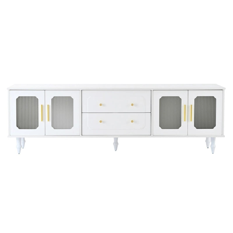Meuble TV console média noir/blanc avec portes en verre cannelé et pieds en forme de gourde - Usage unique