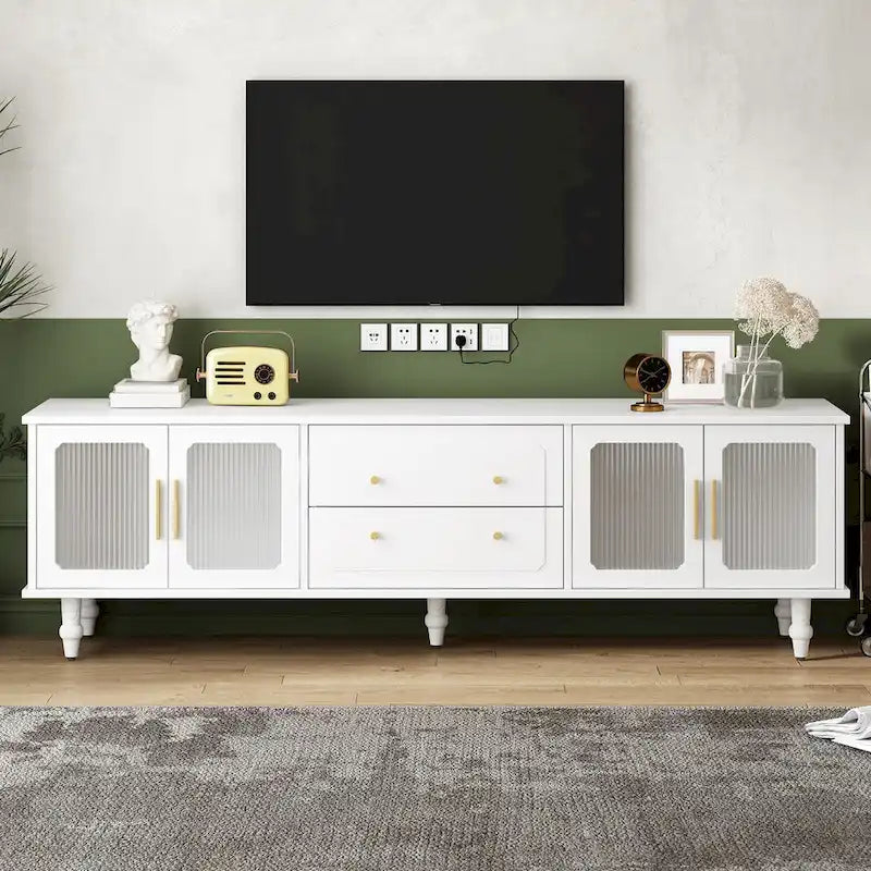 Meuble TV console média noir/blanc avec portes en verre cannelé et pieds en forme de gourde - Usage unique