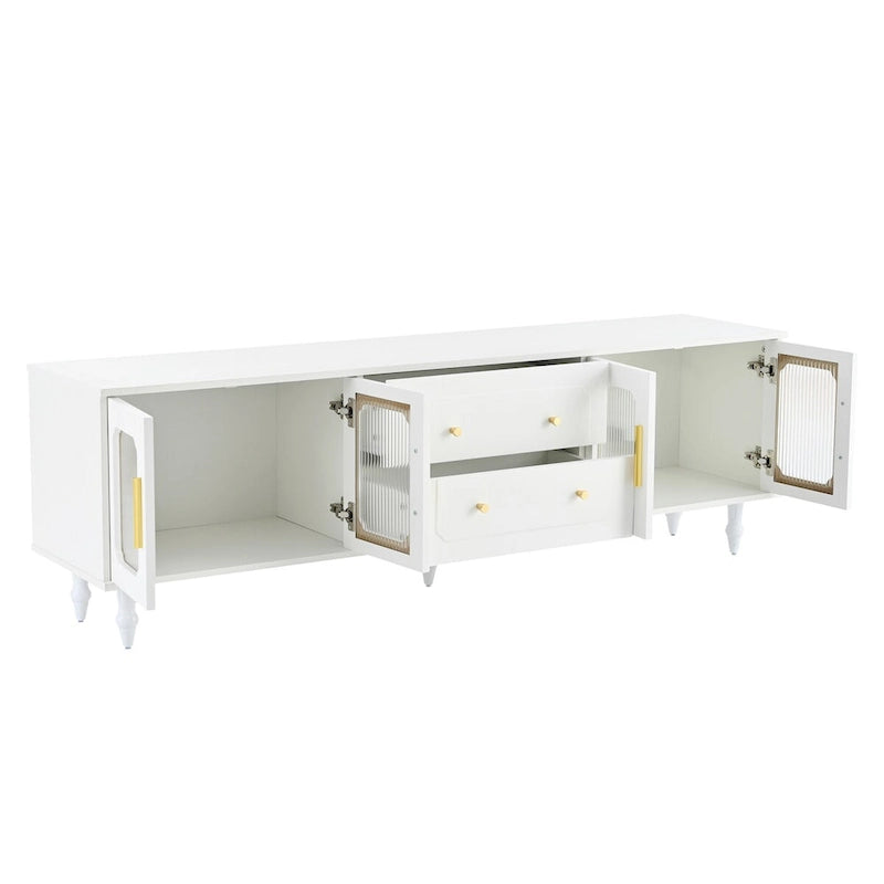 Meuble TV console média noir/blanc avec portes en verre cannelé et pieds en forme de gourde - Usage unique