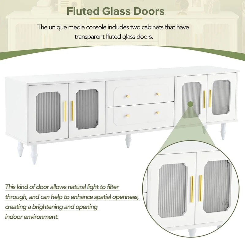 Meuble TV console média noir/blanc avec portes en verre cannelé et pieds en forme de gourde - Usage unique