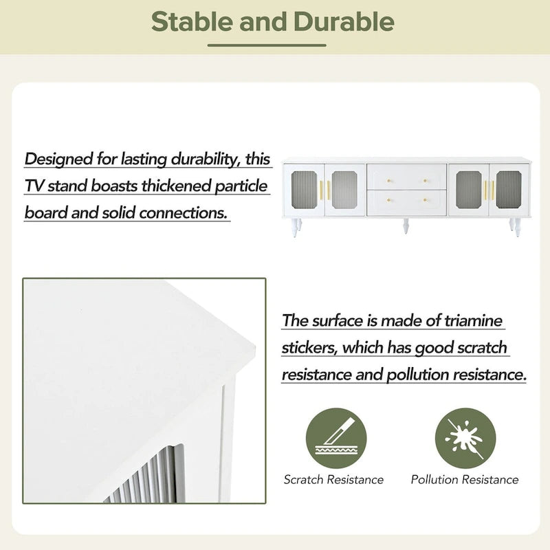 Meuble TV console média noir/blanc avec portes en verre cannelé et pieds en forme de gourde - Usage unique