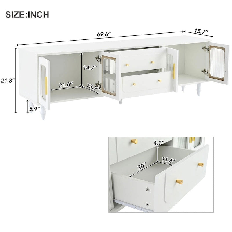 Meuble TV console média noir/blanc avec portes en verre cannelé et pieds en forme de gourde - Usage unique