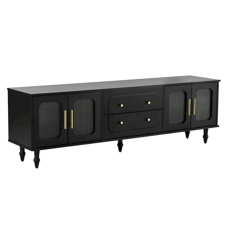 Meuble TV console média noir/blanc avec portes en verre cannelé et pieds en forme de gourde - Usage unique