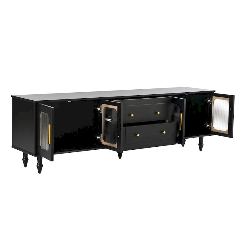 Meuble TV console média noir/blanc avec portes en verre cannelé et pieds en forme de gourde - Usage unique
