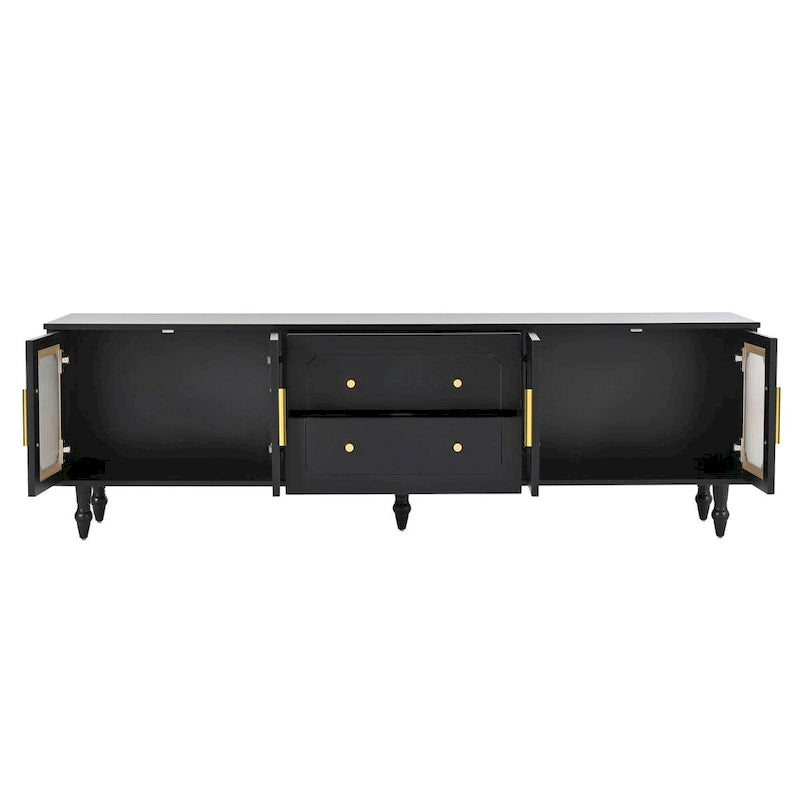 Meuble TV console média noir/blanc avec portes en verre cannelé et pieds en forme de gourde - Usage unique