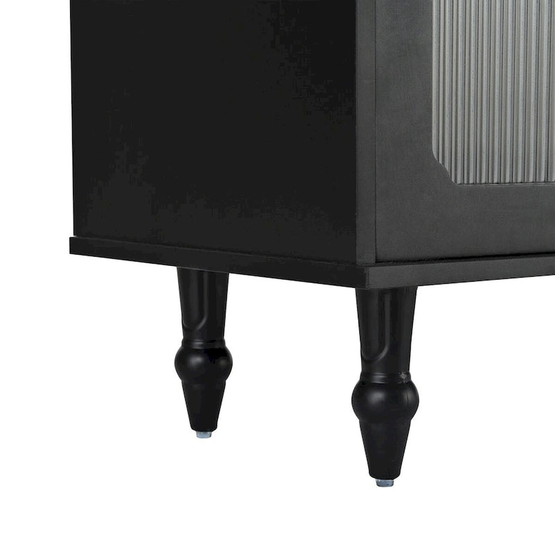 Meuble TV console média noir/blanc avec portes en verre cannelé et pieds en forme de gourde - Usage unique
