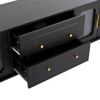 Meuble TV console média noir/blanc avec portes en verre cannelé et pieds en forme de gourde - Usage unique