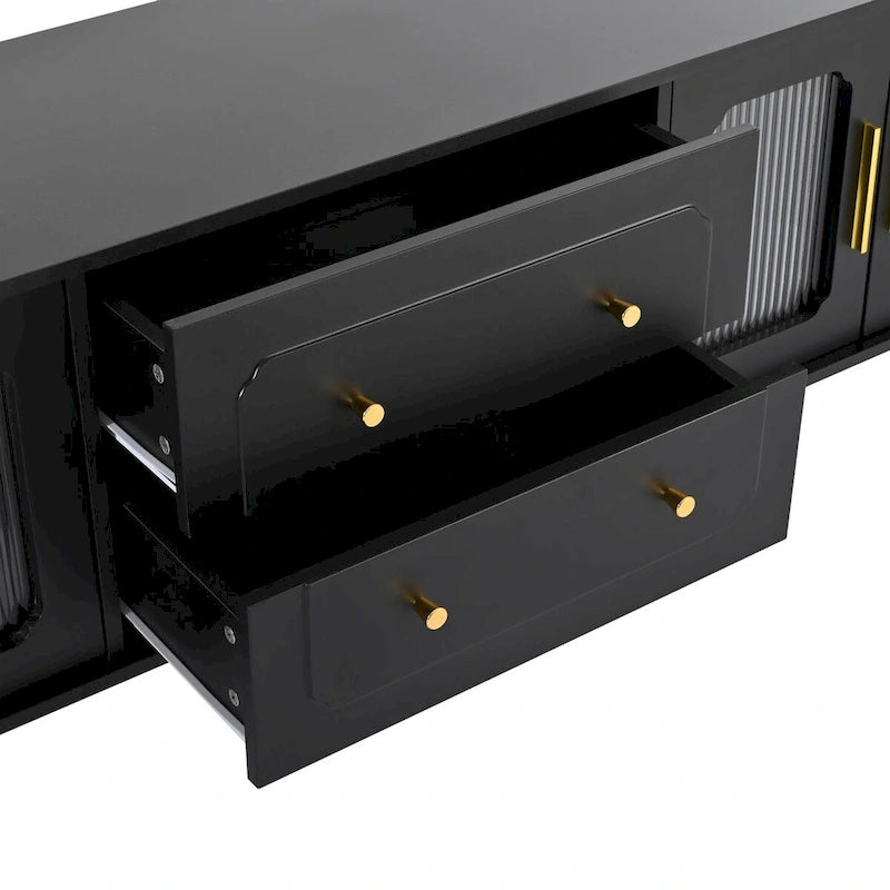 Meuble TV console média noir/blanc avec portes en verre cannelé et pieds en forme de gourde - Usage unique