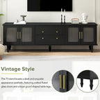 Meuble TV console média noir/blanc avec portes en verre cannelé et pieds en forme de gourde - Usage unique
