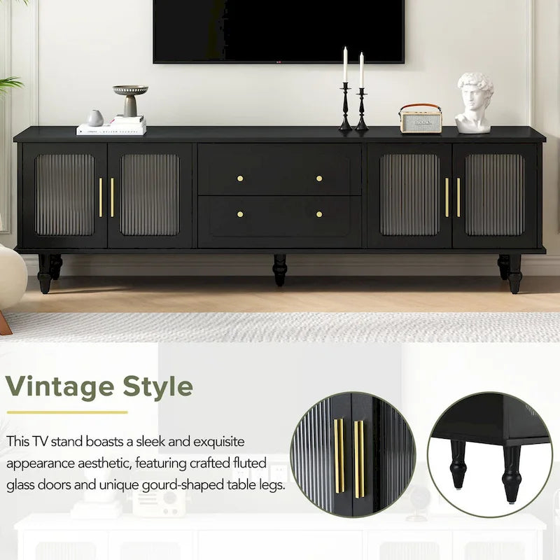 Meuble TV console média noir/blanc avec portes en verre cannelé et pieds en forme de gourde - Usage unique