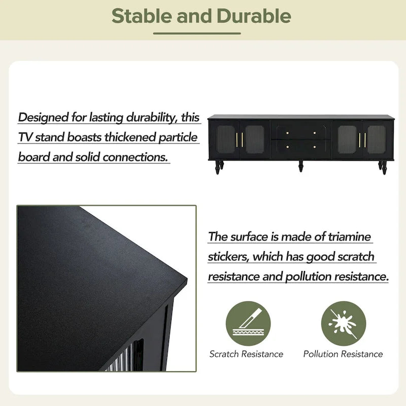 Meuble TV console média noir/blanc avec portes en verre cannelé et pieds en forme de gourde - Usage unique
