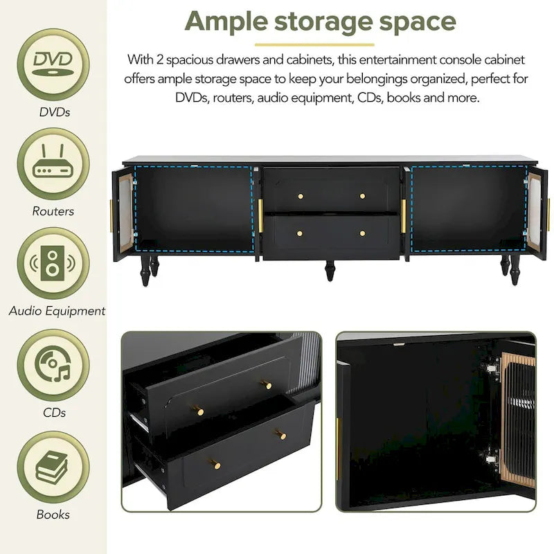 Meuble TV console média noir/blanc avec portes en verre cannelé et pieds en forme de gourde - Usage unique