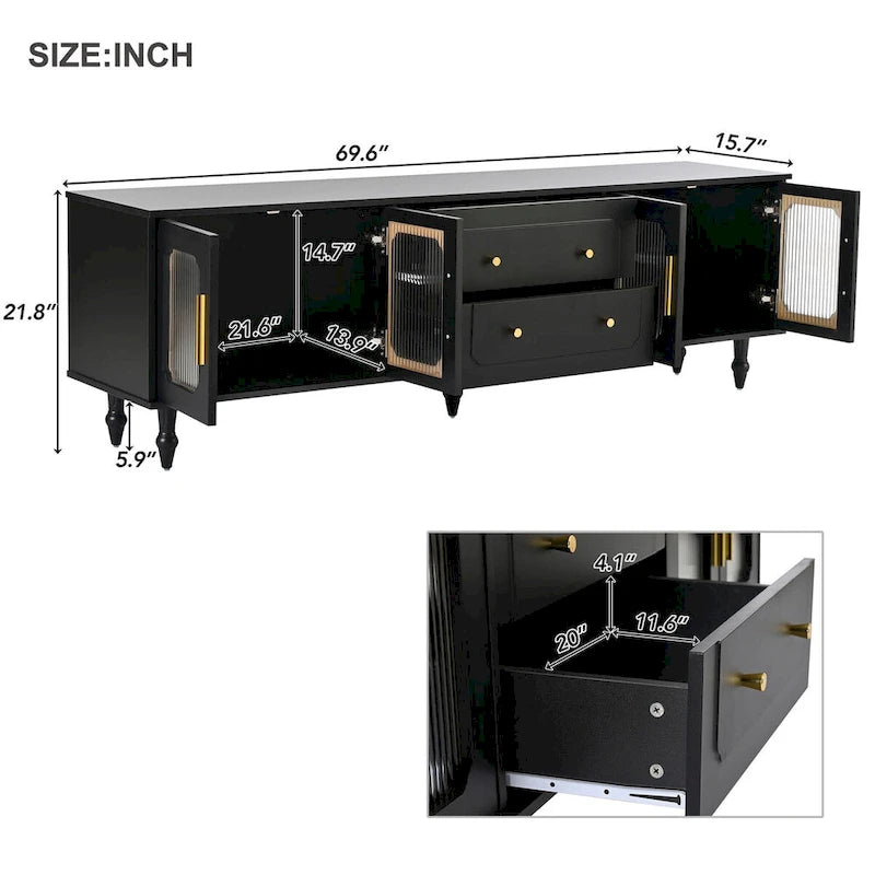 Meuble TV console média noir/blanc avec portes en verre cannelé et pieds en forme de gourde - Usage unique